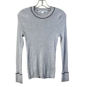 Veronica Beard Gray Ribbed Crewneck Sweater with Black Trim